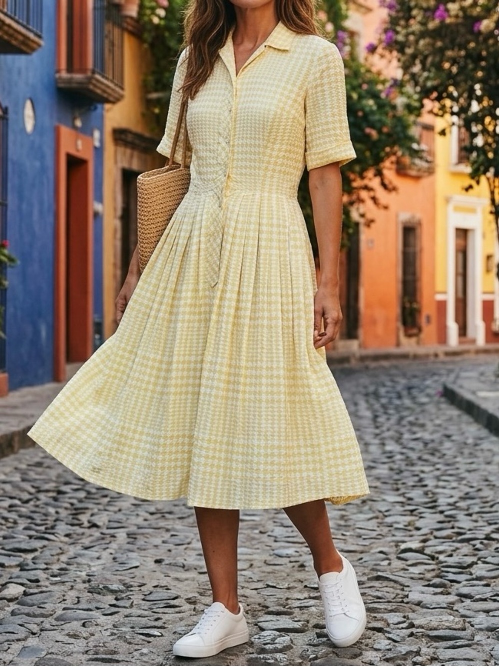 Vintage 1950’s FOURELL Yellow & White Houndstooth Check Pleated Collared Dress